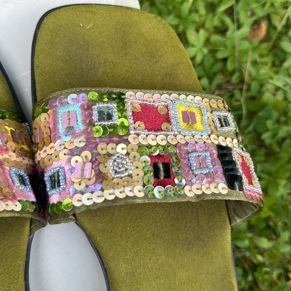 'Parade' Green Sequined Sandals Slides Flip Flops Flats - Size 9 - Picture 4 of 7